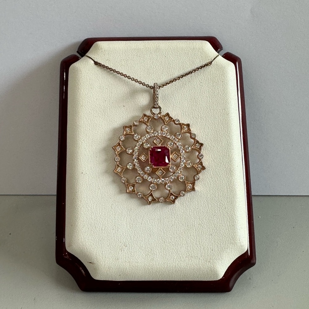 Rose Gold Floral Pendant Necklace with Red Gem